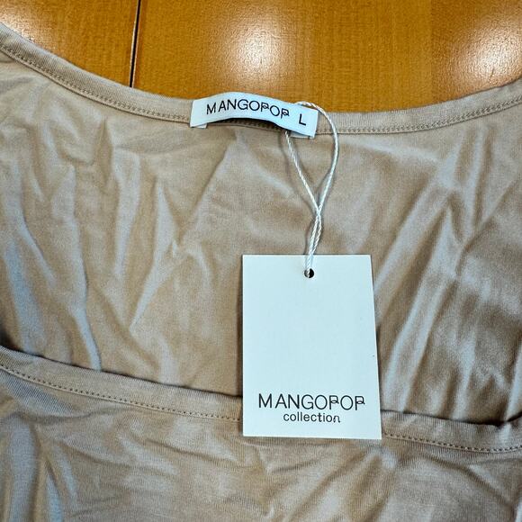 MANGOPOP NWT Beige Nude Square Neck Puff Lantern Long Sleeve Bodysuit Sz L - Picture 4 of 10